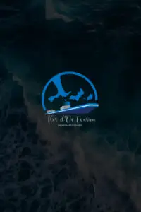 a blue and white logo on a dark blue background